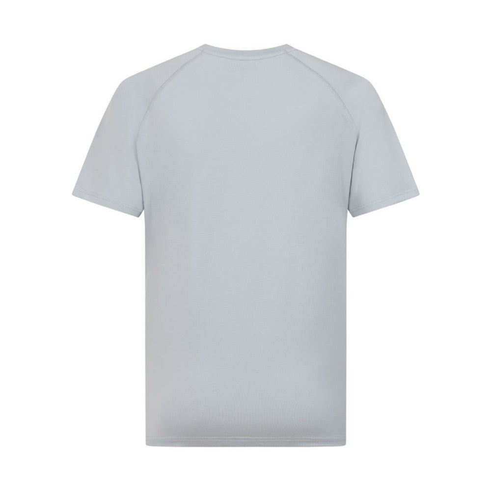 A light gray short-sleeve athletic t-shirt shown from the back, featuring raglan sleeves and a crew neck, displayed on a solid white background.